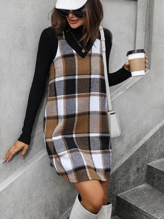 Plaid V-Neck Wide Strap Tank Dress