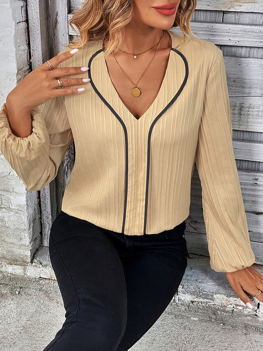 Contrast V-Neck Long Sleeve Blouse