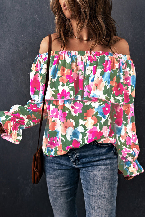 Floral Off-Shoulder Flounce Sleeve Layered Blouse