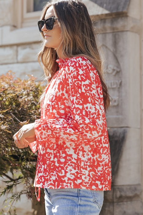 Printed Tie Neck Flounce Sleeve Blouse