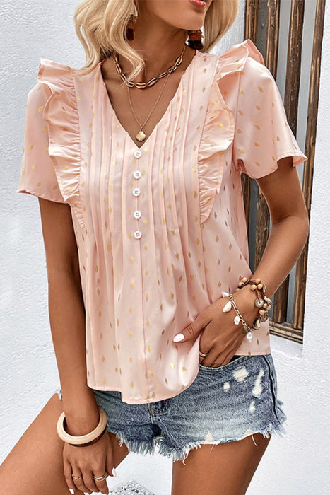 Perfee Printed Ruffle Trim Pleated Detail Blouse