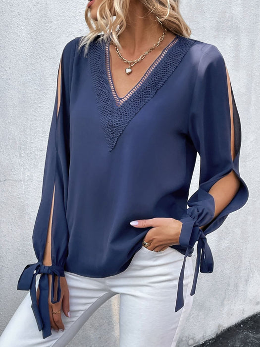 Perfee V-Neck Tie Cuff Slit Blouse