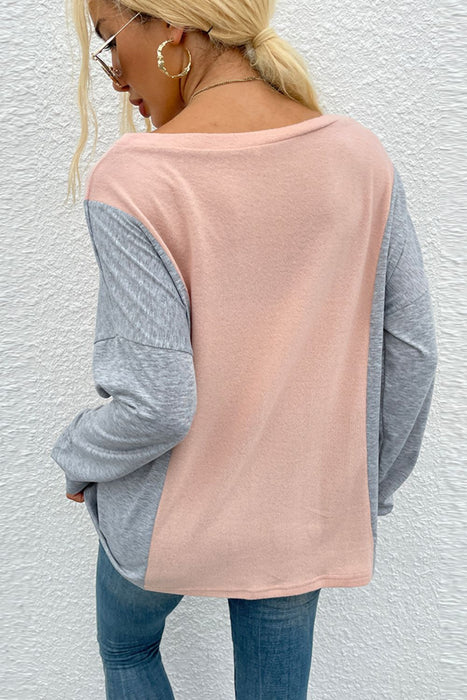 Shiny Color Block V-Neck Long Sleeve Blouse