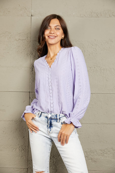 Mandy Eyelet V-Neck Flounce Sleeve Blouse