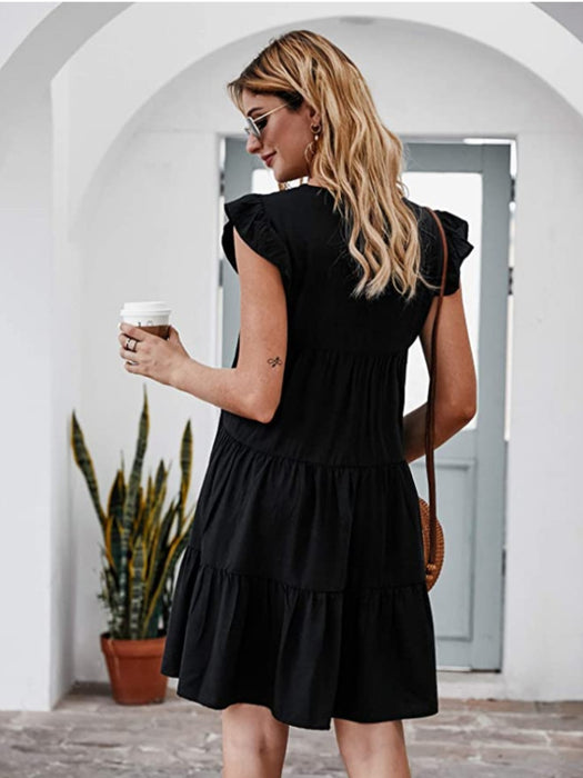 Ruffled Round Neck Cap Sleeve Mini Dress