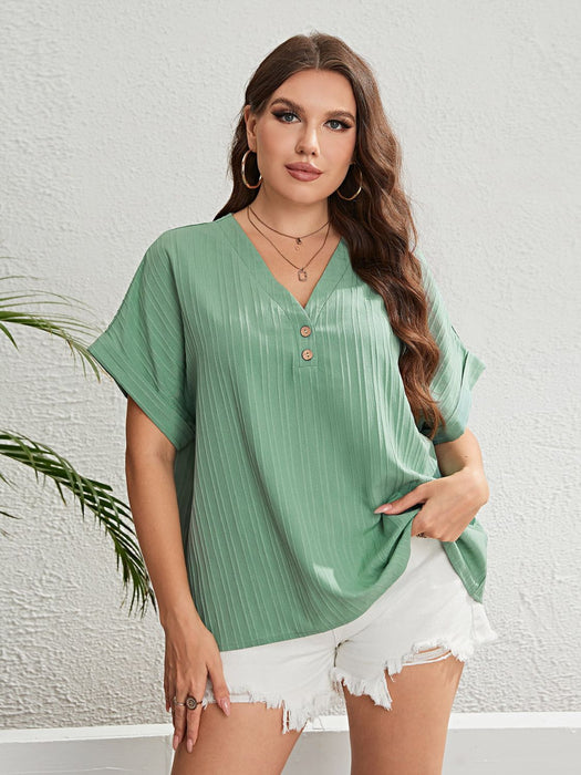 Honey Plus Size Buttoned V-Neck Short Sleeve Top