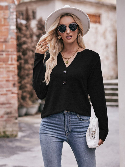 Mandy Buttoned Notched Neck Long Sleeve Top