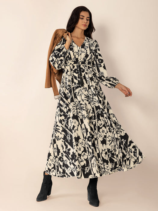 Tied Printed V-Neck Long Sleeve Midi Dress