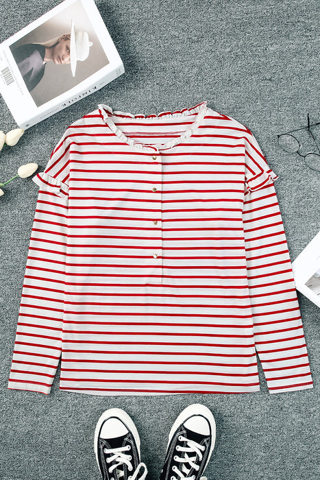 Striped Half Button Frill Trim Top